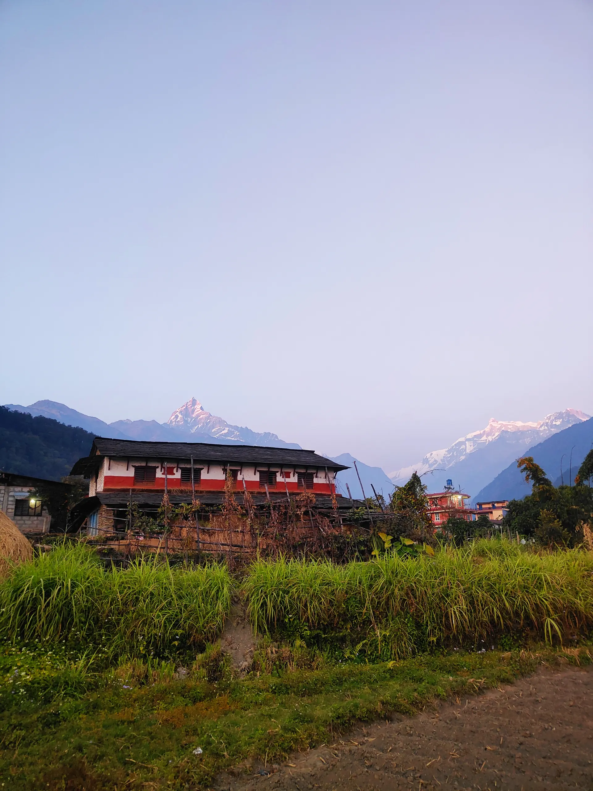 Our yoga retreat lodge in Ghachowk village with Machhapuchhre and Annapurna views